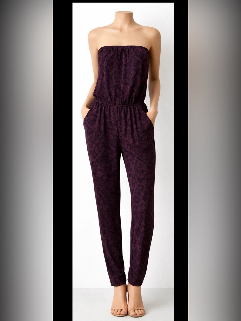 Joie women’s strapless jumpsuit in a plum/ black snake skin pattern size medium